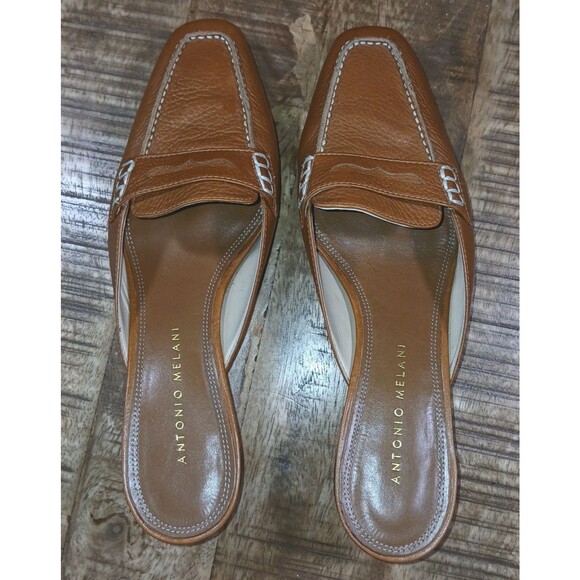 Antonio Melani "Nantucket" Brown Leather Loafer Mules Heels 6M Classic Style - Picture 7 of 12
